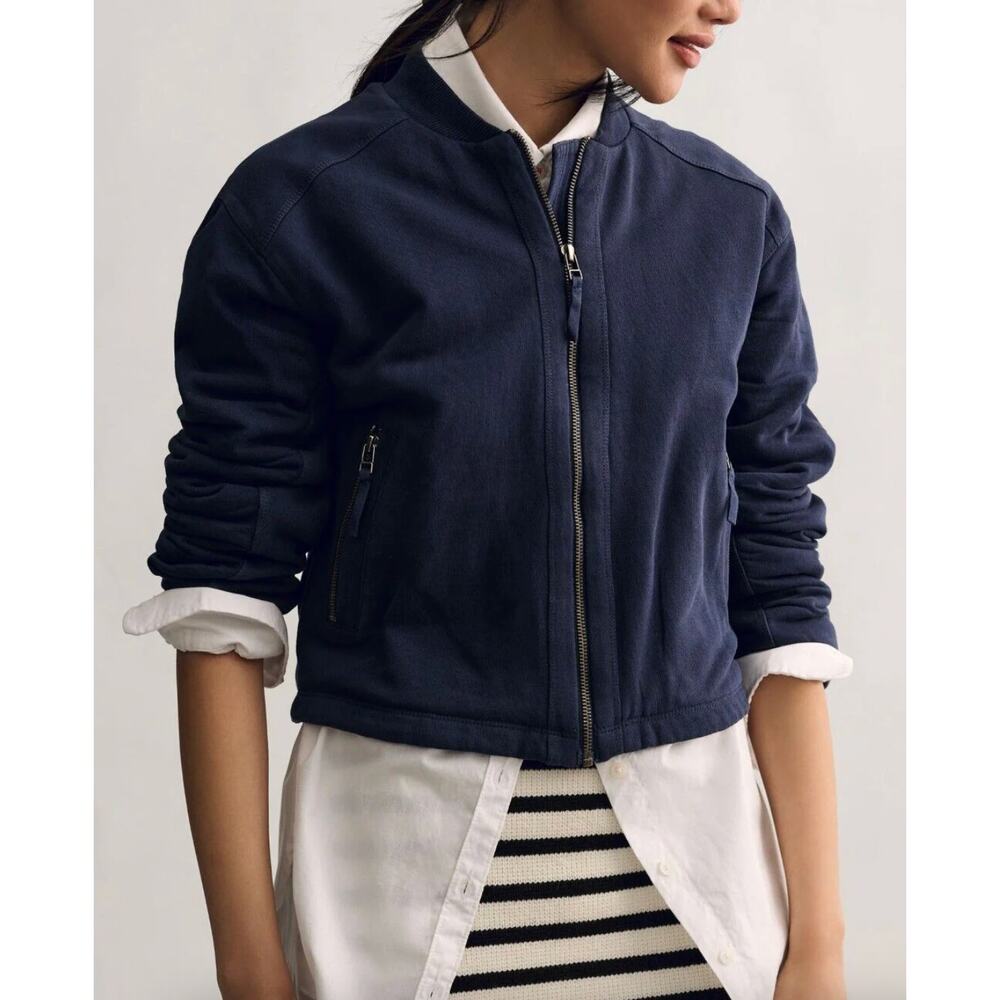 Anthropologie Pilcro Knit Bomber Jacket Top Quilted Coat Size Small Navy